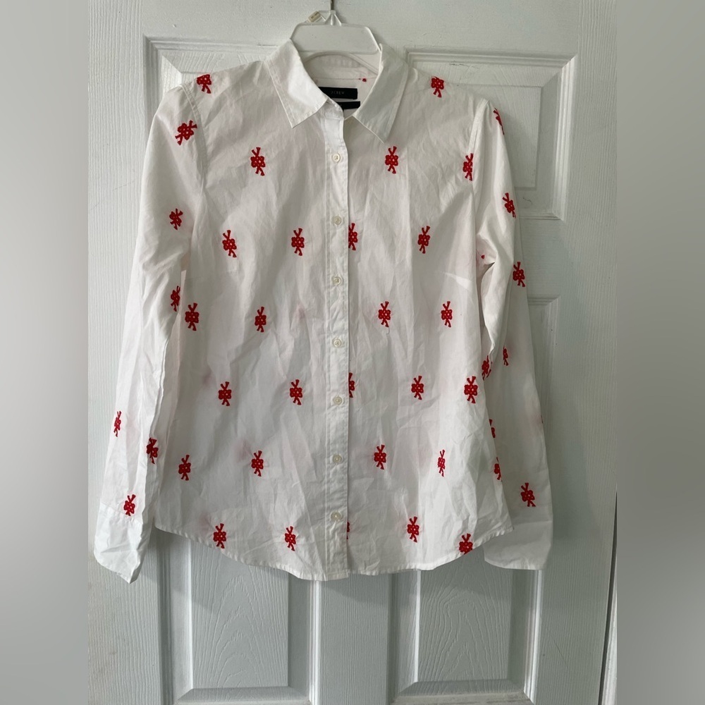 J Crew Cotton Poplin Slim Shirt With Red Knot Embroidery